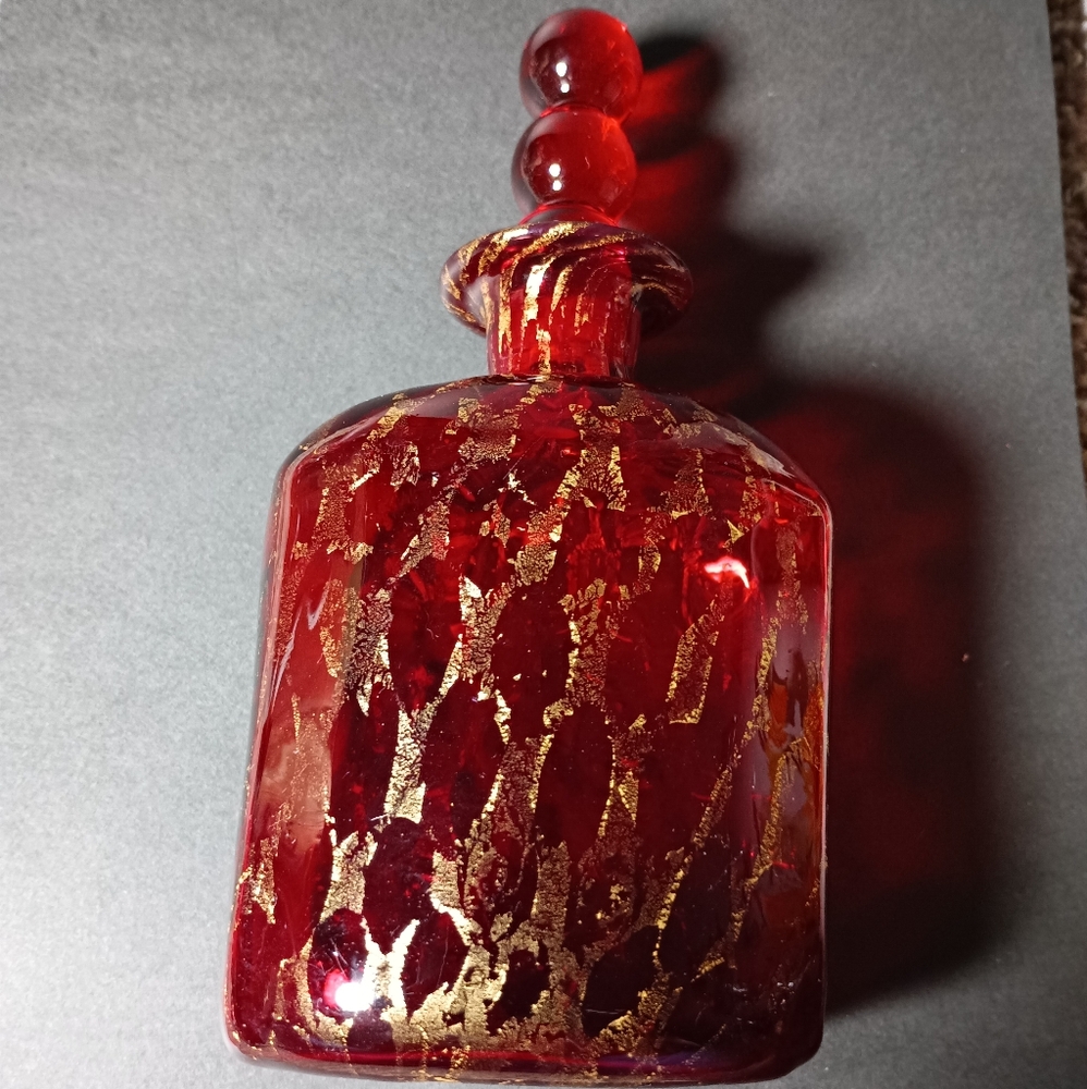Handblown Ruby Red Venetian Glass with Gold Leaf Decanter With Pontil Mark